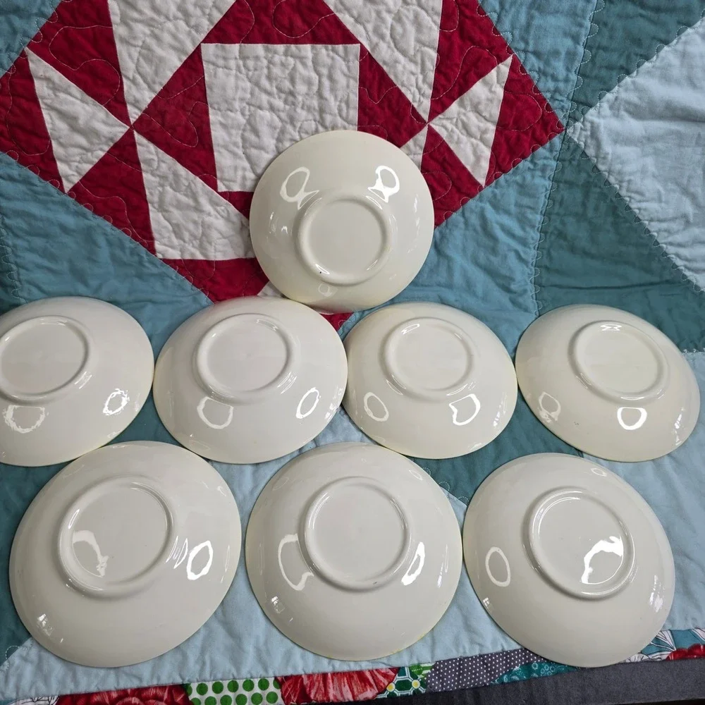 Vintage Mid Century Modern Apple Pattern Yellow Speckled Ceramic Small Plates x8